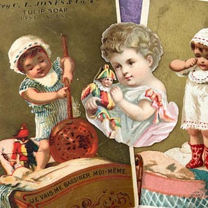 Victorian Die Cut & Trade Cards Child with Doll Tulip Soap Sharpe Dry Goods 1800’s Lot