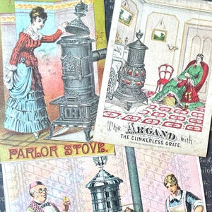 Scrappy Victorian Trade Cards Parlor Stoves Ladies Girls Kitty Cats Lot 1800&#39;s