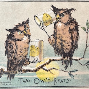 May include: Vintage advertisement card featuring two owls perched on a branch. One owl holds a can labeled "TOM" and the other holds a package labeled "NATURE'S FOOD". The card includes text for Emerson & Loring, Fine Household Furniture, Elmira, N.Y.