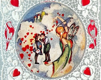 Art Deco Silver Valentine Card Fairy Hearts Couple 1935