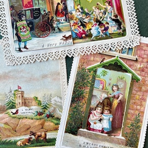 Victorian Christmas Cards Embossed Paper Lace Family Scenes Robins 1878