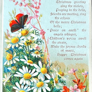 Victorian Christmas Card Butterfly & Daisies Poem 1880