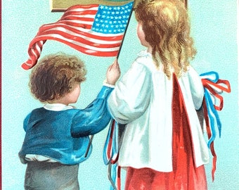 George Washington Antique Postcard Children with American Flag Americana Patriotic Clapsaddle 1909