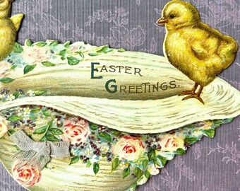 Antique Easter Card by Sam Gabriel Die Cut Chicks on Hat Printed in Germany 1910