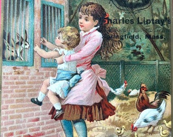 Victorian Trade Card Girls with Bunny Rabbits Hens Farmyard Liptay Confectioner Springfield MA Advertising 1800's
