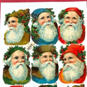 Original Victorian Embossed Die Cut Old World Santa Faces Made In Germany Father Christmas Holly 1900