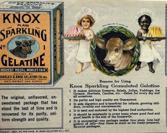 Antique Advertising Trade Card Knox Gelatine Cow Young Girls with Gelatin Mold 1924