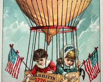 Victorian Trade Card Patriotic Children in Hot Air Balloon Old Glory Flag Babbitt Soap Advertising 1800's Americana