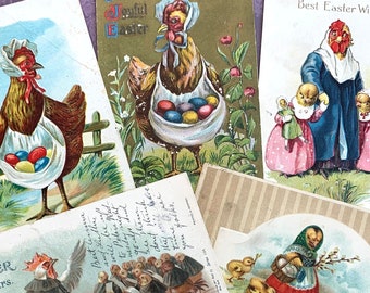 Anthropomorphic Hens Rooster Chicks Antique Easter Postcards Scrappy Lot Junk Journal Assemblage 1906-1916