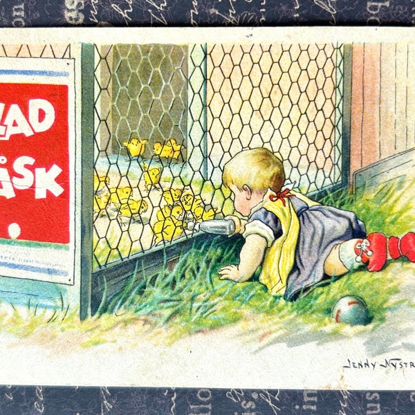 Swedish Easter Postcard Child Feeding Chicks  Artist Signed Jenny Nystrom 1932