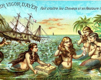 Victorian Trade Card Mermaids Ship Wreck Treasures Ayer's Hair Vigor Lowell Mass 1800's
