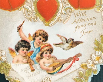 Vintage Valentines Day Card Heart Shaped Die Cut Embossed with Clapsaddle Angels 1910