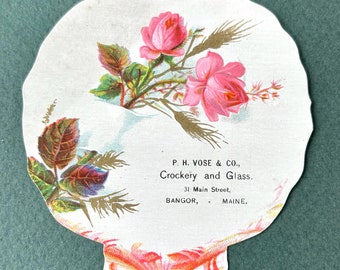 Victorian Trade Card Die Cut Shell with Roses P H Vose Crockery Bangor Maine 1800&#39;s