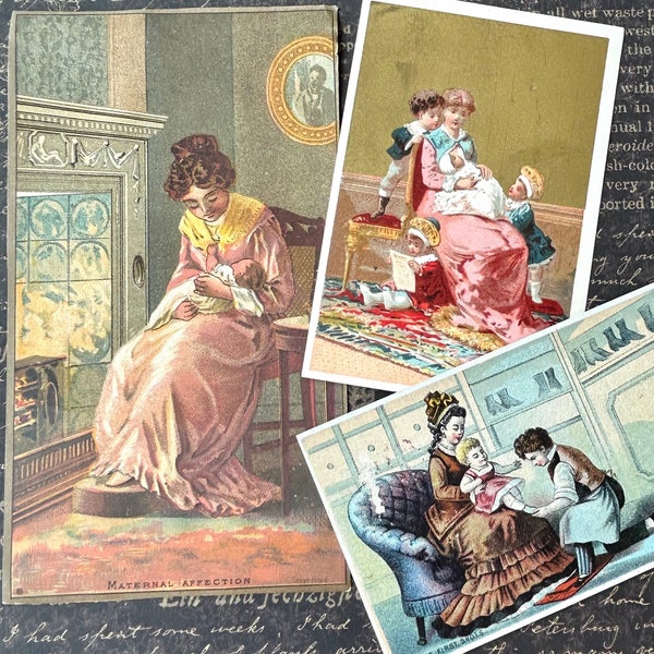 Victorian Trade Cards Mother and Children Mothers' Day Ephemera Junk Journal Assemblage 1800's