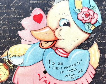 Valentine Card Mechanical Anthropomorphic Duck 1940's