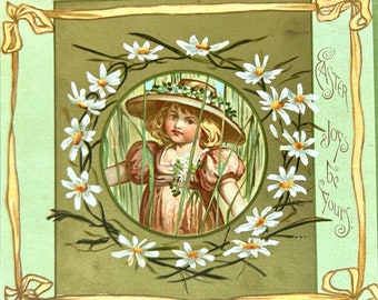 Victorian Easter Card Girl with Daisies by Louis Prang Boston 1884