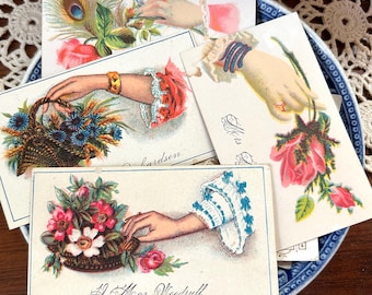 Victorian Calling Cards Ladies hands with Jewelry Roses Basket of Flowers 1800&#39;s Lot