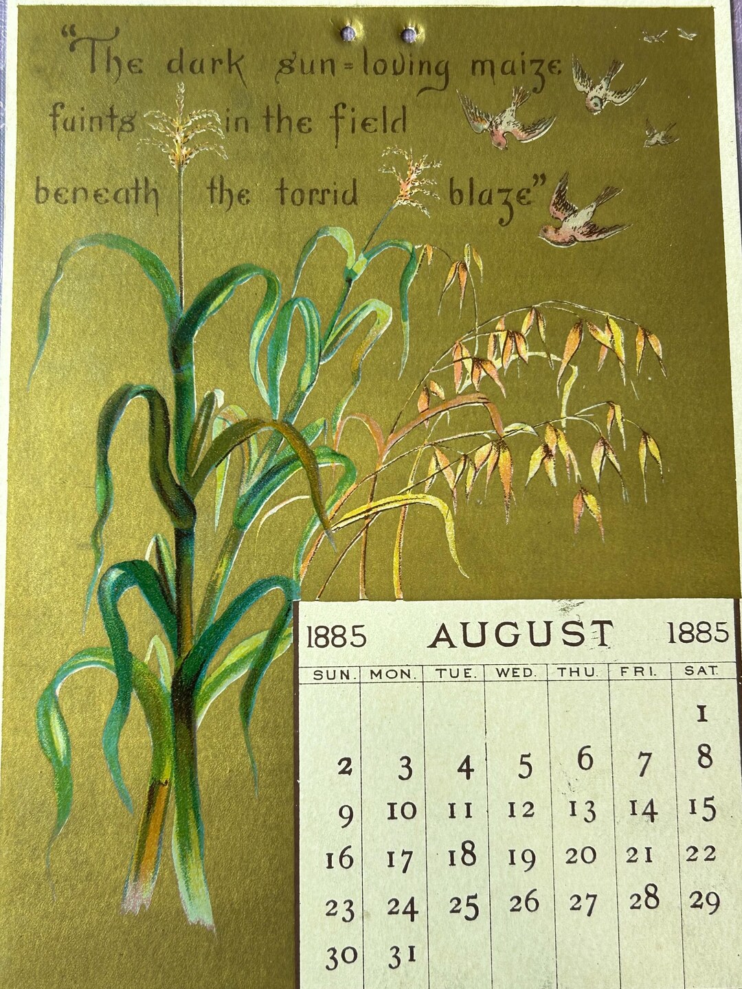 1885 Calendar.pdf Antique Calendar Panel William Cullen Bryant Poetical Line Corn Maize ...
