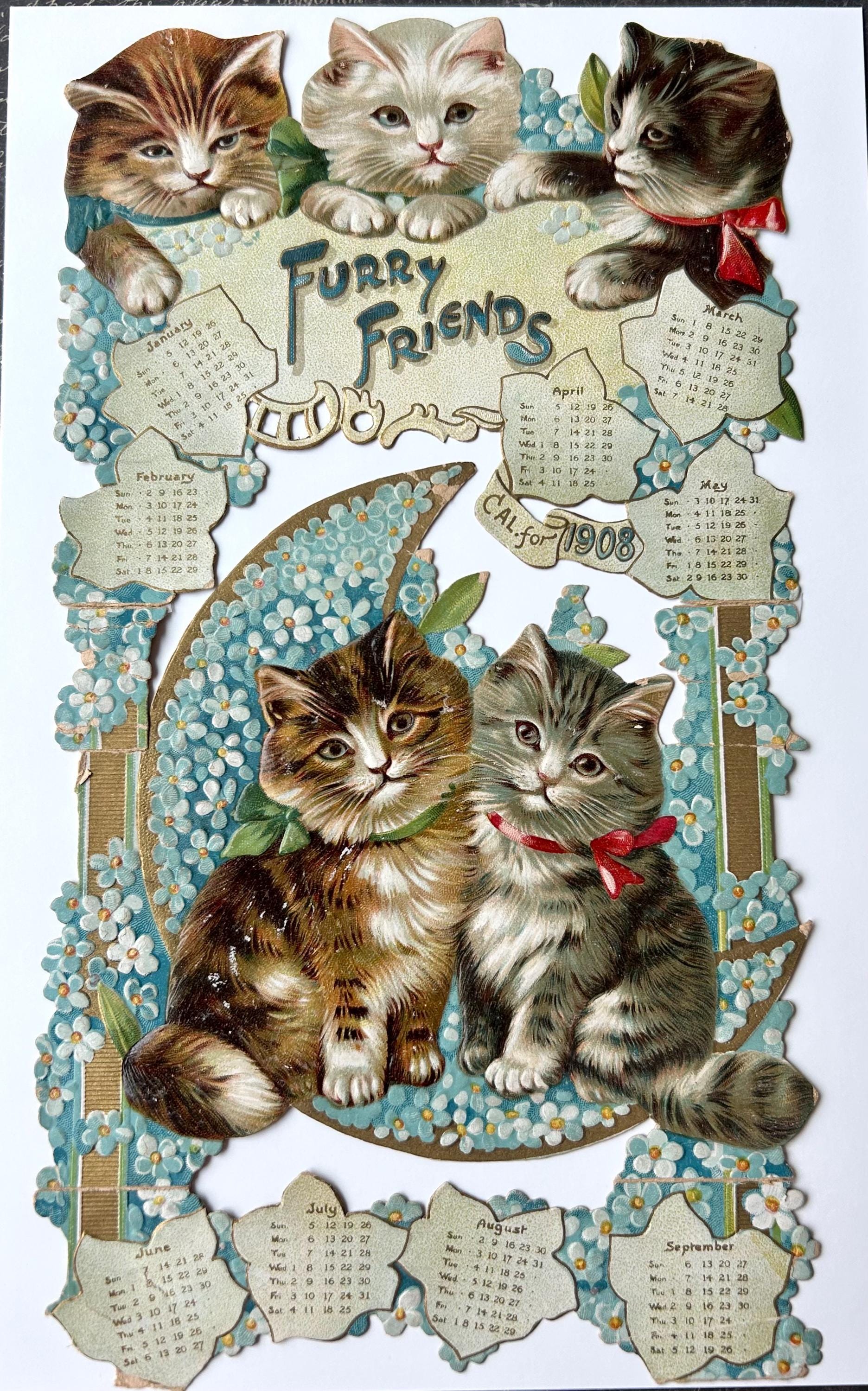 Raphael Tuck & Sons Hanging Die Cut Calendar Kitty Cats Furry Friends Helena Maguire Scrappy Incomplete 1908