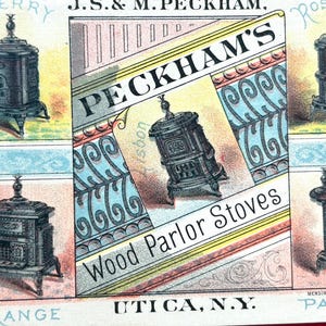 Victorian Trade Card Peckham Parlor Stove Utica NY Hall & Peck Avoca NY 1800&#39;s