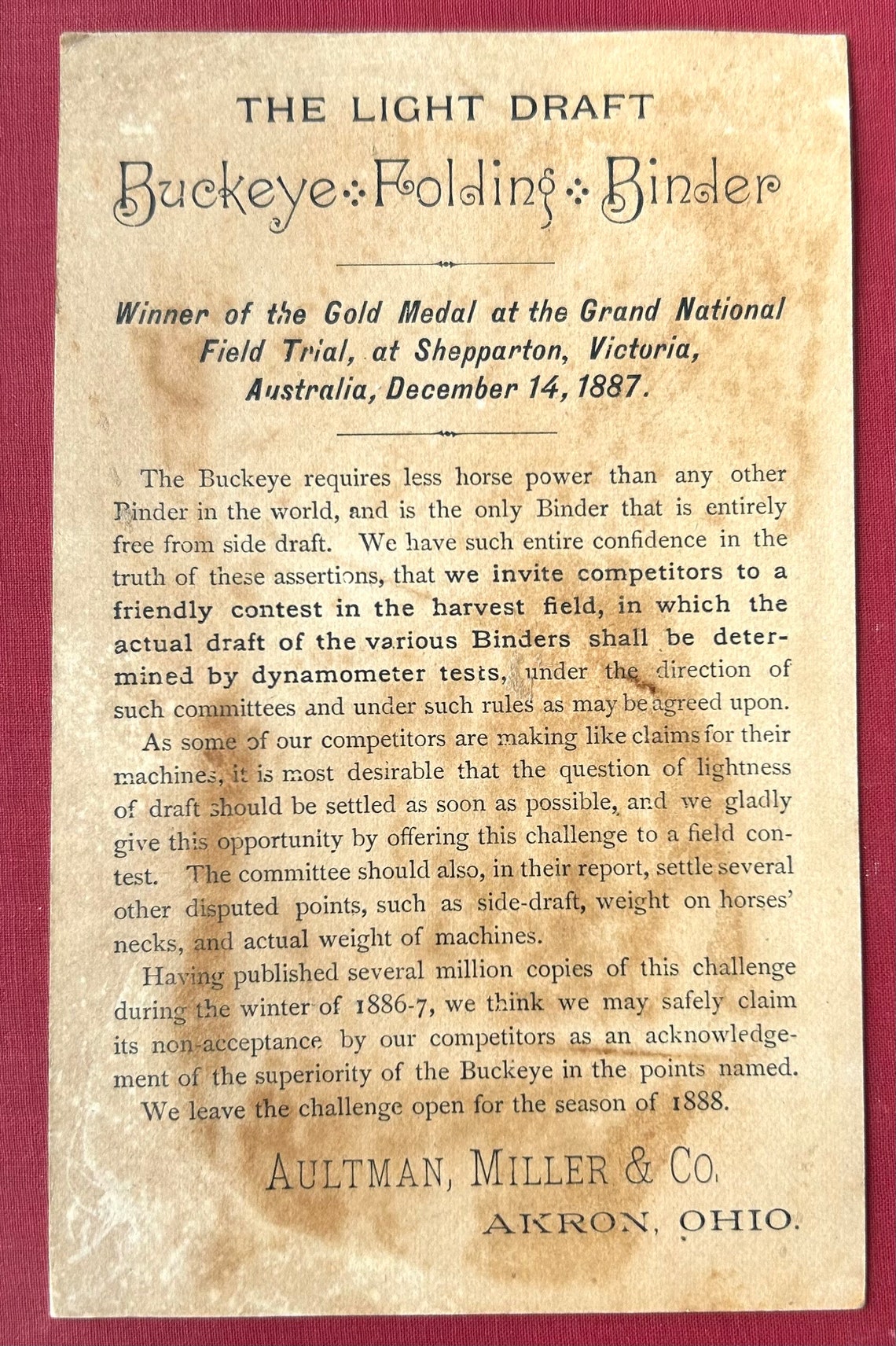 Victorian Trade Card Buckeye Mowers Binders Aultman Miller Co Akron