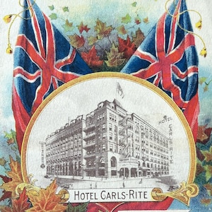 May include: Vintage advertisement for the Hotel Garls-Rite in Toronto, Canada. The image features a detailed illustration of the hotel, framed by a gold border and flanked by two Union Jack flags. Autumn leaves and text complete the design.