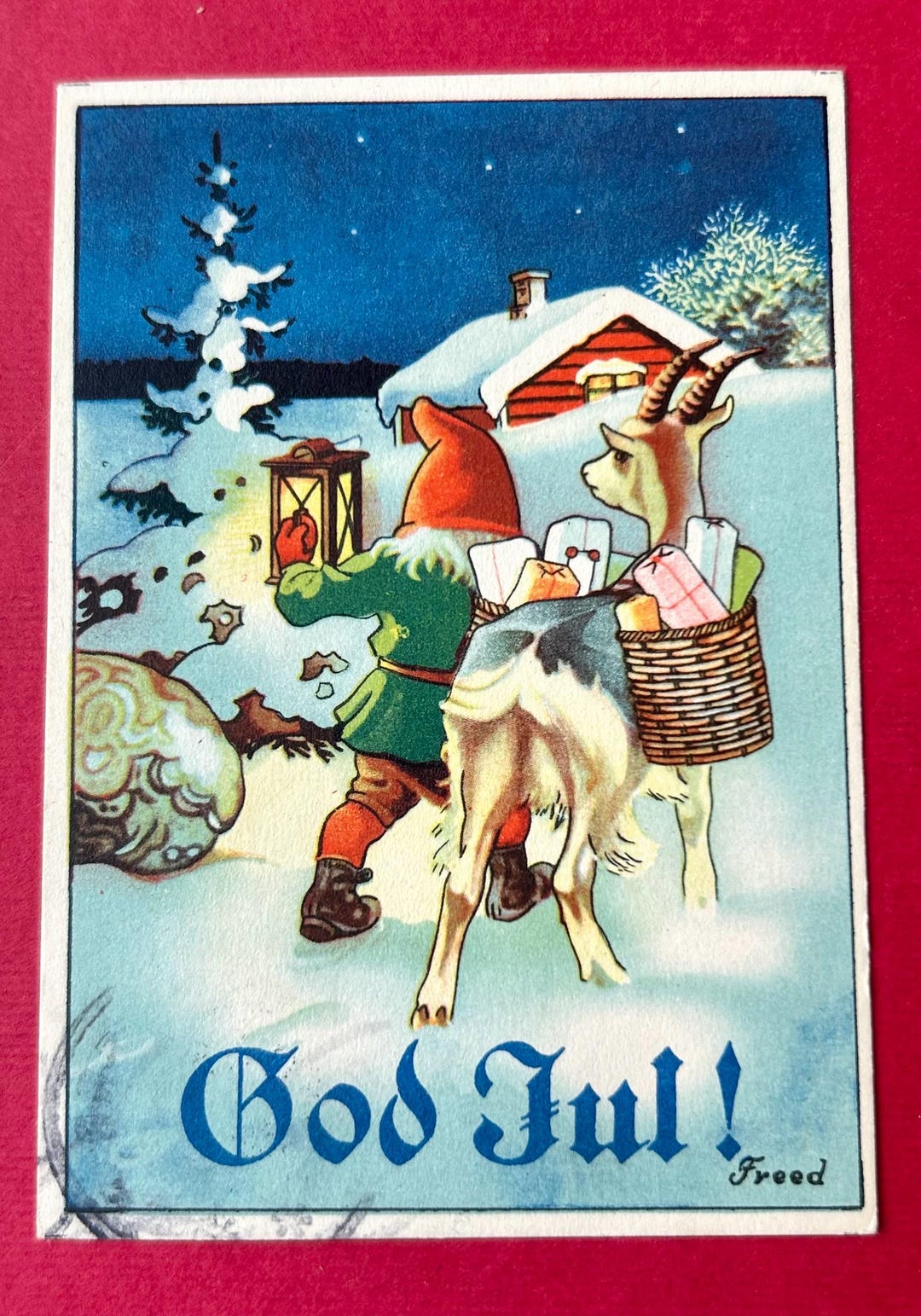 Swedish Christmas Postcard Tomte Gnome & Goat Deliver Presents Artist ...