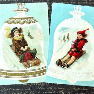 Scrappy Victorian Christmas Cards With Children Sledding Antique Ephemera Winter Junk Journal Assemblage 1800&#39;s