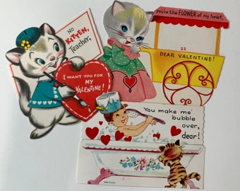 Valentine Cards with Cats Kittens Anthropomorphic Vintage MidCentury 1950's Lot