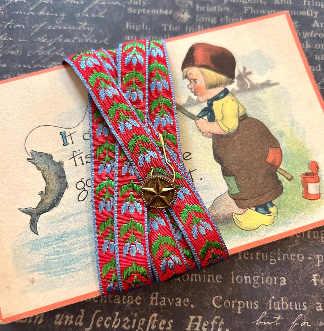Postcard Ribbon Vintage Embroidered Red Silk Ribbon Trim & Old Postcard Junk Journal ...