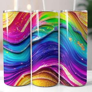 Könnte beinhalten: Drei Edelstahlbecher mit einem farbenfrohen abstrakten Design. Das Design zeigt Wirbel in Pink, Lila, Blau, Grün und Gelb mit goldenen Glitzerakzenten.