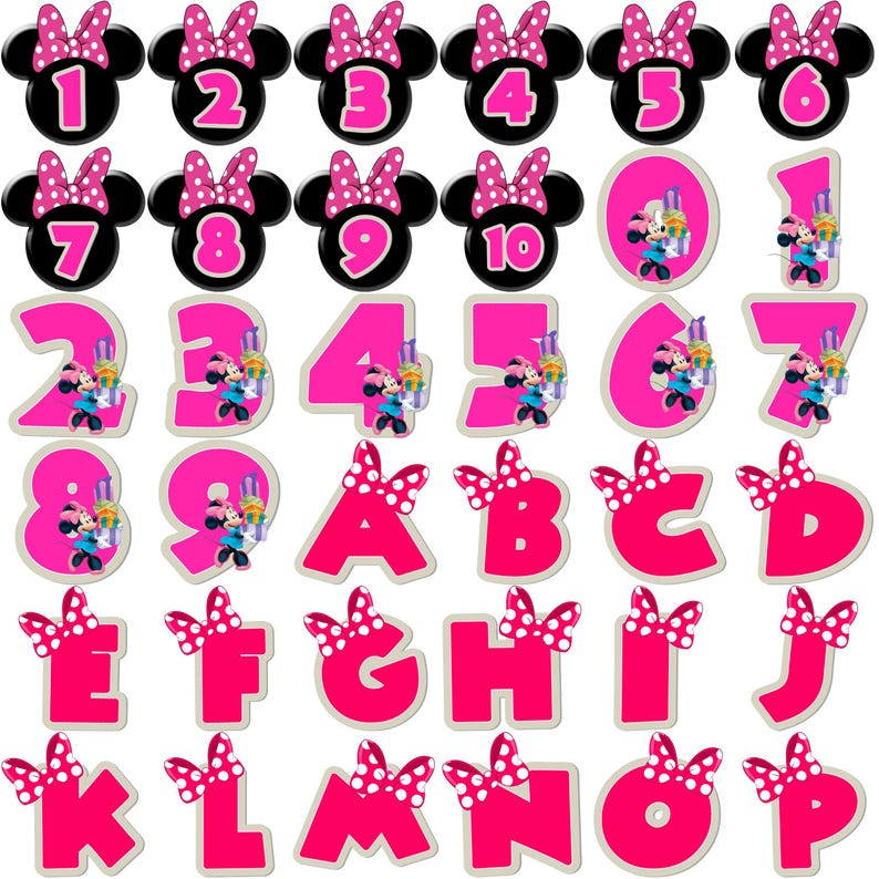 Puede incluir: Una colecci&oacute;n de recortes de n&uacute;meros y letras con tem&aacute;tica de Minnie Mouse en rosa y negro. Los n&uacute;meros del 1 al 10 est&aacute;n en un c&iacute;rculo negro con orejas de Minnie Mouse y un lazo rosa. Las letras A-O son rosas con un lazo de lunares blancos.