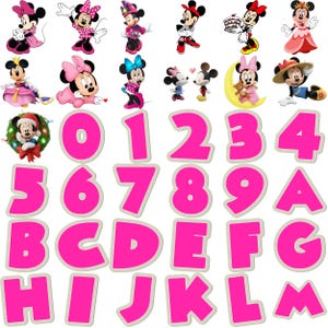 May include: A collection of cartoon character images, including Minnie Mouse in various outfits and poses. Also includes the numbers 0-9 and the letters A-M in a bright pink color with a white border.
