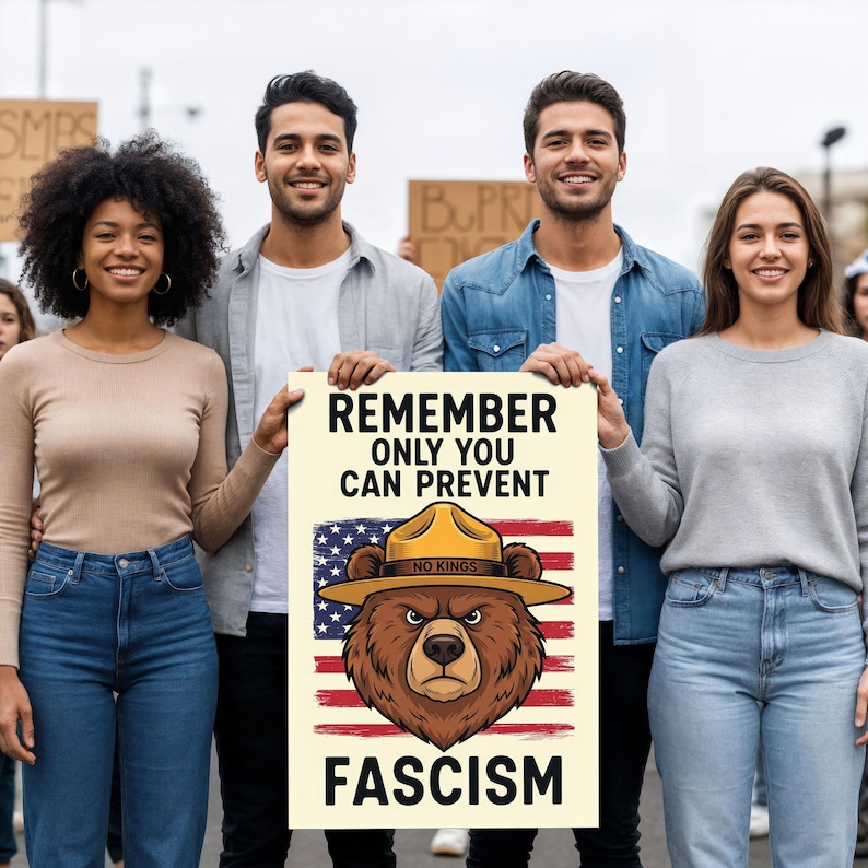 May include: A sign held by a group of people with the text "REMEMBER ONLY YOU CAN PREVENT FASCISM". The sign features a bear wearing a ranger hat with the American flag in the background.
