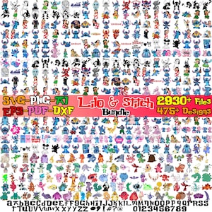 May include: A collection of Lilo & Stitch themed digital designs. The image features numerous illustrations of the characters in various poses and styles. Text includes "Lilo & Stitch Bundle" and file type information. The image also includes numbers, letters, and symbols.