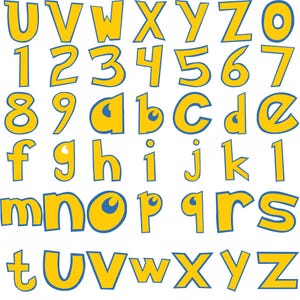 May include: A complete alphabet and number set in a playful, cartoon style. The letters and numbers are yellow with a blue outline, set against a white background. The design is suitable for children's educational materials or playful designs.
