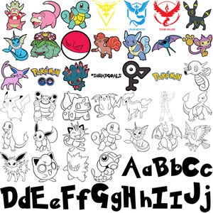 May include: A collection of colorful Pok&eacute;mon characters and logos, including Pikachu, Squirtle, and the Team Mystic emblem. The image also features the text "#SQUADGOALS" and various letter designs.