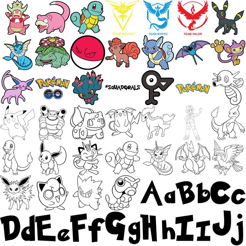 May include: A collection of colorful Pok&eacute;mon characters and logos, including Pikachu, Squirtle, and the Team Mystic emblem. The image also features the text "#SQUADGOALS" and various letter designs.