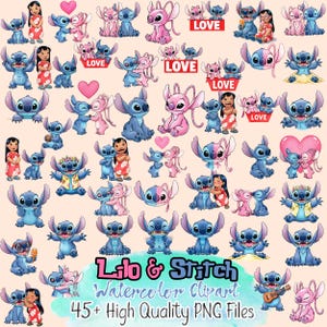 Clipart de acuarela de Lilo y Stitch, Lilo de Stitch dibujado a mano, Clipart de Lilo y Stitch, Lilo lindo PNG, Stitch PNG, Ángel PNG, Cliparts de acuarela