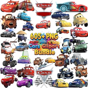 May include: A collection of various cartoon car illustrations, including Lightning McQueen and Mater, with the text "605+ PNG Cars Clipart Bundle". The cars are in various colors and styles, suitable for digital art projects.