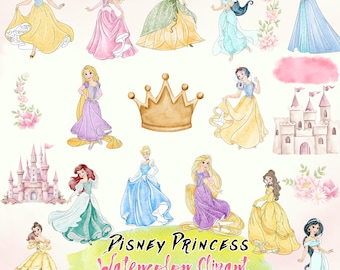Aquarelle princesse Clipart Bundle PNG, Cendrillon png, Tiana, Belle, Diana, Aurora, sirène, Elsa png, Anna png, clipart, téléchargement immédiat