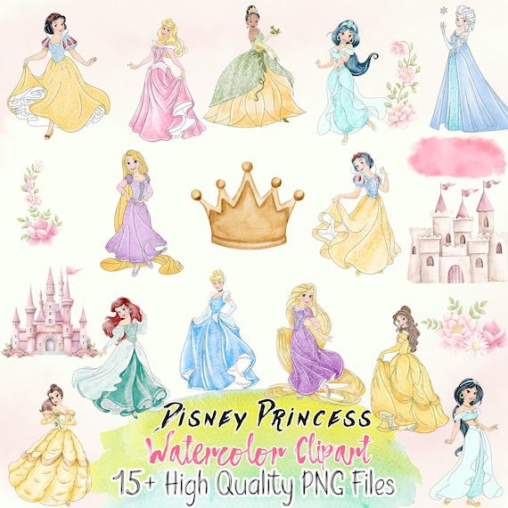 Watercolor Princess Clipart Bundle PNG, Cinderella png, Tiana, Belle, Diana, Aurora, Mermaid, Elsa png, Anna png, Clipart, INSTANT DOWNLOAD