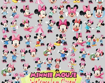 Minnie Cartoon Mouse Watercolor PNG | Minnie Clipart Bundle, Mouse Adventure Watercolor Art | Digital Download Wall Print | INSTANT DOWNLOAD