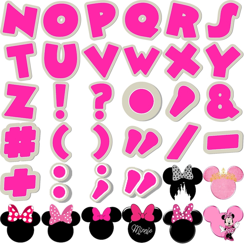 Puede incluir: Una colecci&oacute;n de letras del alfabeto rosas, signos de puntuaci&oacute;n y dise&ntilde;os de cabeza de Minnie Mouse. Las letras tienen un borde blanco. Las cabezas de Minnie Mouse tienen lazos y algunas tienen texto.