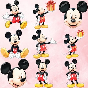 K&ouml;nnte beinhalten: Eine Sammlung von Cartoon-Illustrationen von Mickey Mouse in verschiedenen Posen. Mickey ist in seinem klassischen Outfit dargestellt: schwarze Shorts, rote Shorts, gelbe Schuhe und wei&szlig;e Handschuhe. Einige Bilder zeigen ihn mit einem Geschenk.