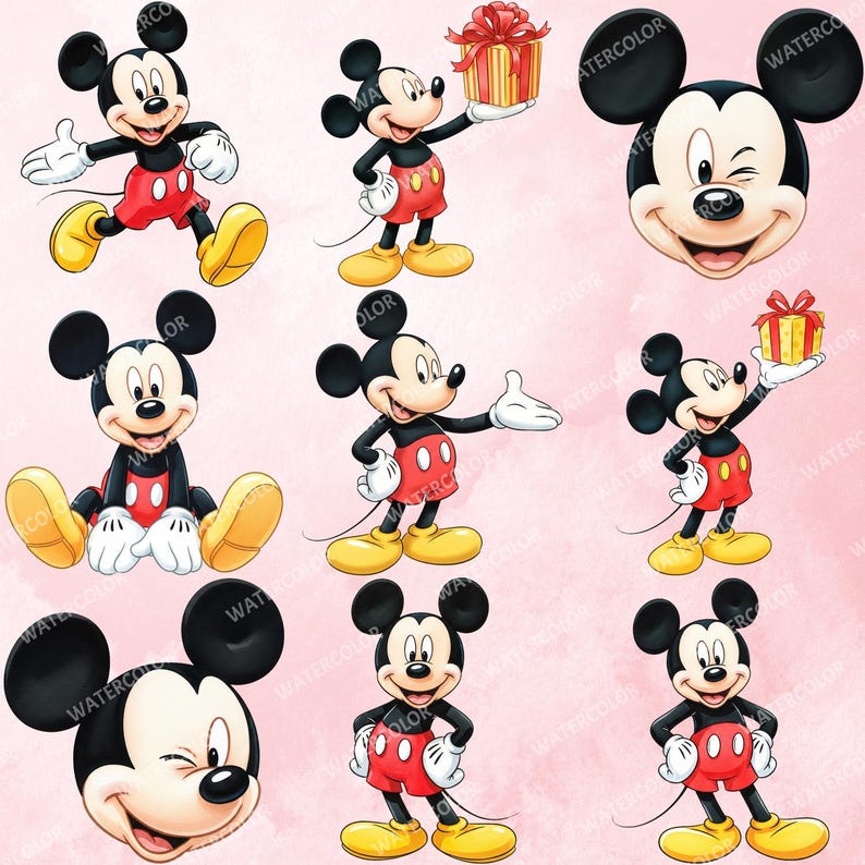 K&ouml;nnte beinhalten: Eine Sammlung von Cartoon-Illustrationen von Mickey Mouse in verschiedenen Posen. Mickey ist in seinem klassischen Outfit dargestellt: schwarze Shorts, rote Shorts, gelbe Schuhe und wei&szlig;e Handschuhe. Einige Bilder zeigen ihn mit einem Geschenk.