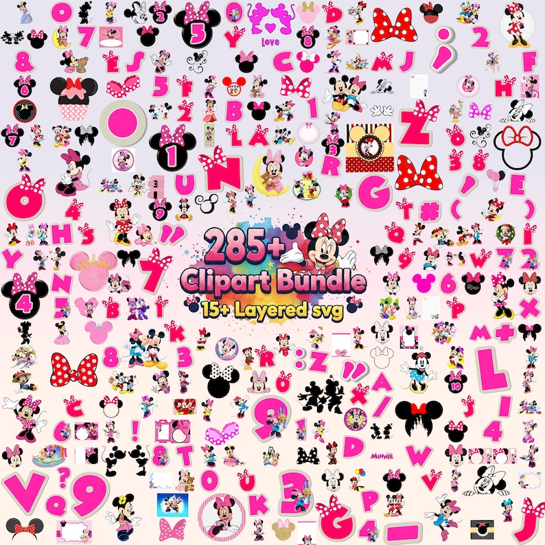 May include: A collection of Minnie Mouse-themed clipart elements in pink, black, and white. Includes numbers, letters, bows, and character illustrations. The image also features the text "285+ Clipart Bundle" and "15+ Layered svg".