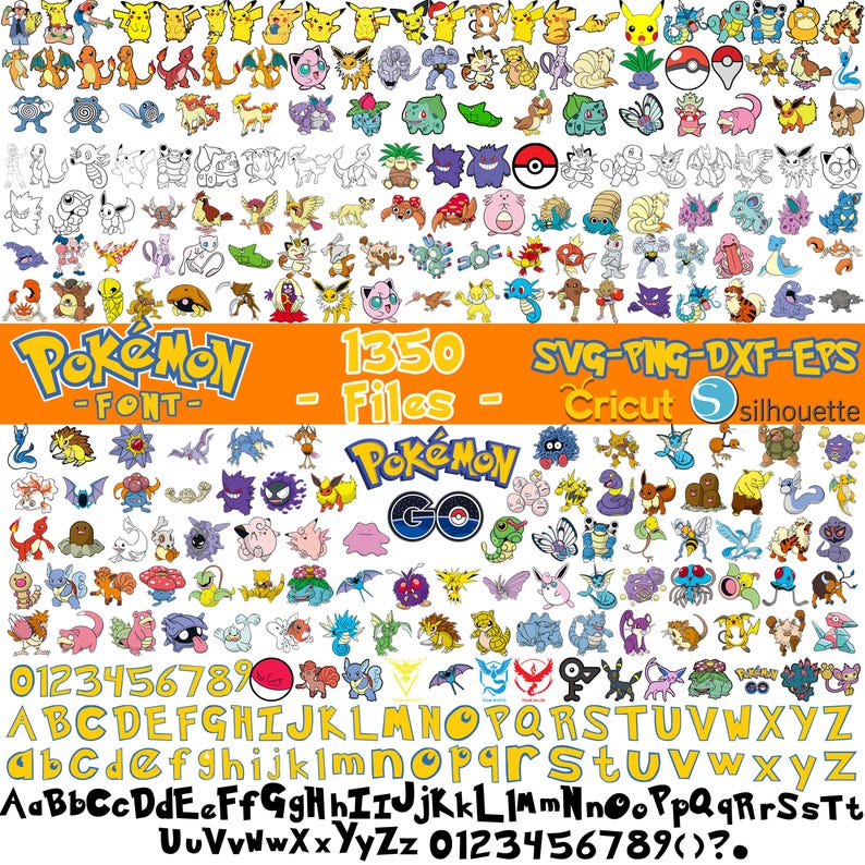 May include: A collection of various Pok&eacute;mon character designs in multiple colors and styles. The image includes the text "Pok&eacute;mon Font" and "1350 Files" with SVG, PNG, DXF, and EPS file formats. Also includes a full alphabet, numbers, and the Pok&eacute;mon GO logo.