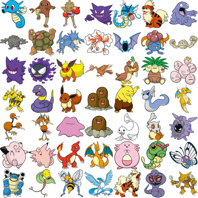 May include: A collection of colorful cartoon characters, each with unique designs and features. The characters are in various poses and sizes, set against a white background. The image showcases a variety of creatures, each with distinct colors and shapes.
