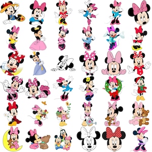 Puede incluir: Una colecci&oacute;n de ilustraciones del personaje de Minnie Mouse en varias poses y atuendos. Las im&aacute;genes presentan a Minnie con su lazo de lunares caracter&iacute;stico, vestida con diferentes vestidos y accesorios de colores. Las ilustraciones son de estilo caricatura.